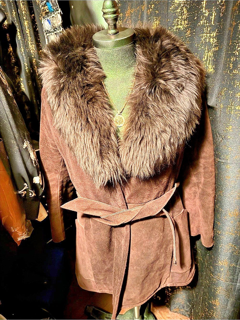 Aqua Leather Inc. Dark Brown Faux Fur Collar Belted Coat Size 13/14